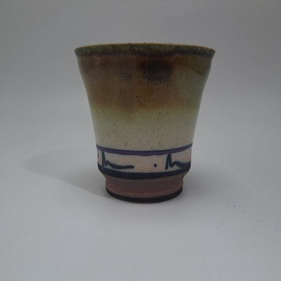 Studio Artisan Pottery Mug Green Brown Glaze Line Accent Rustic Coffee Cup - Picture 2 of 11